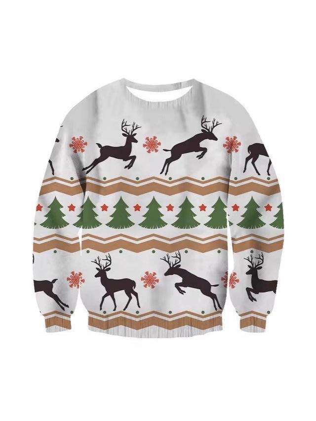 Rentier 3D-Druck Langarm Rundhals Sweatshirt - Herbst/Winter Weihnachts-Stil