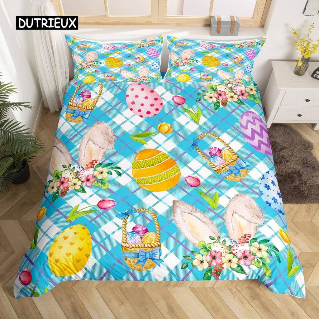 Rosa Kirschblüten Bettbezug Fröhliches Ostern Thema Hasenohren Ostereier Bettwäsche Set Polyester Schmetterling Blume Bettdeckenbezug