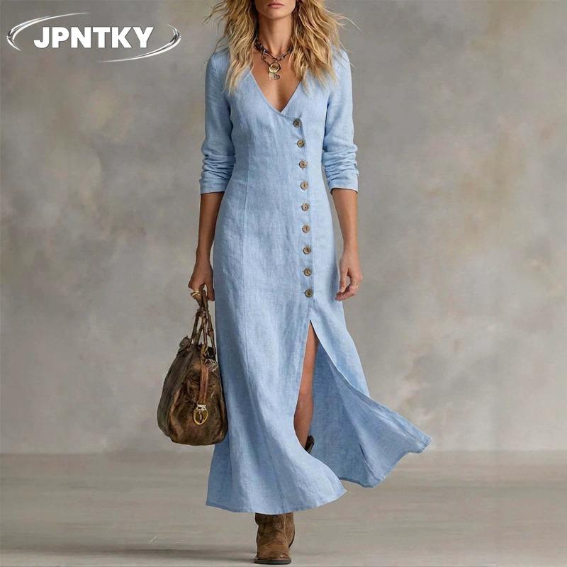JPNTKY Fashion Spring Autumn Solid Color Print Long Sleeve V-Neck Casual Dresses