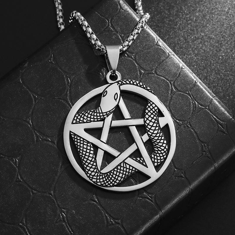 New European and American Five Pointed Star Coiled Snake Necklace Stainless Steel Pendant Neutral Style Titanium Steel
