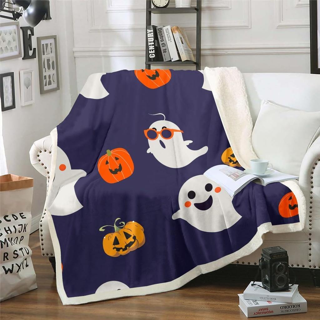 Halloween Ghost Blanket Soft Fleece Throw Pumpkin Spider Web Design Home Decor Party Gift Kids Room