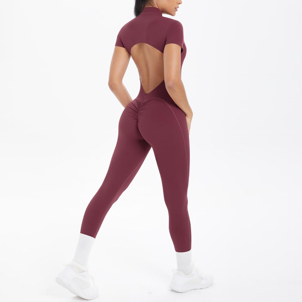 New Tight Fitting Backless Hollow Short Sleeved Pants Jumpsuit, Sports Running Fitness Jumpsuit, Yoga Suit