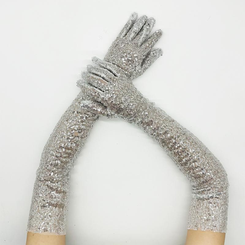 Long Glitter Elastic Fingerless Gloves Sparkly Sequin Performance Party Holiday Stage Costume Accessory Gloves