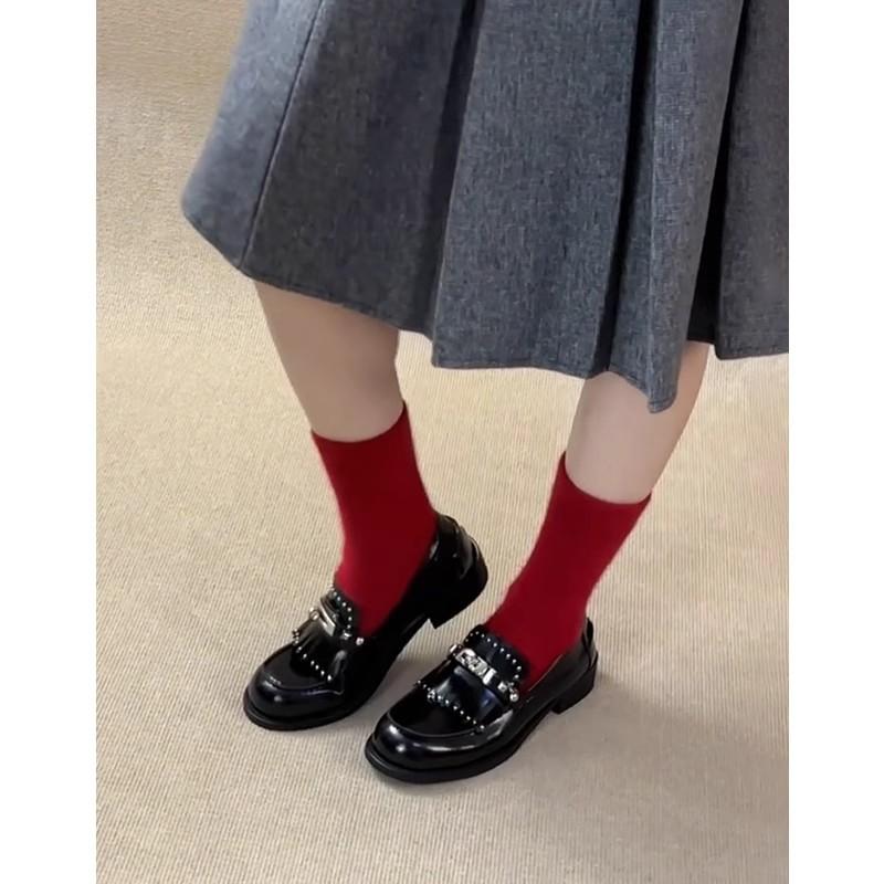 Cowhide new British style rivet genuine leather thick-soled small leather shoes women's spring fringed small gold buckle loafers flat single shoes