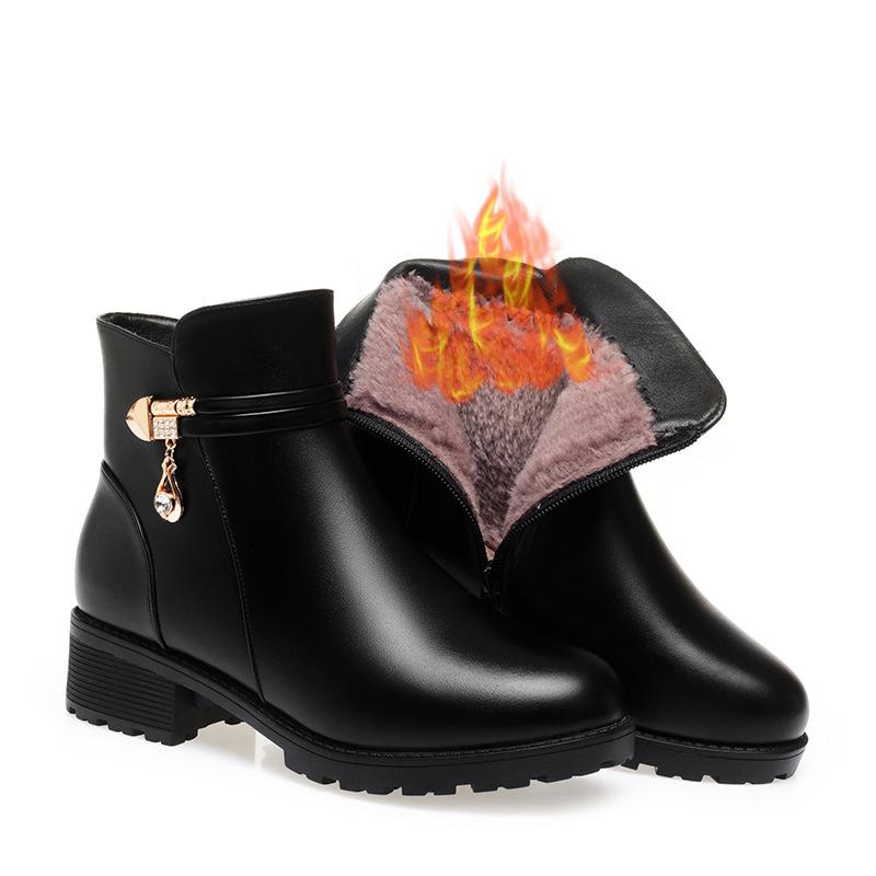Herbst Neue Mode Damen Weiches Leder Stiefelette Hohe Absätze Reißverschluss Schuh Plüsch Samt Warmes Fell Winter Kurze Lederstiefel