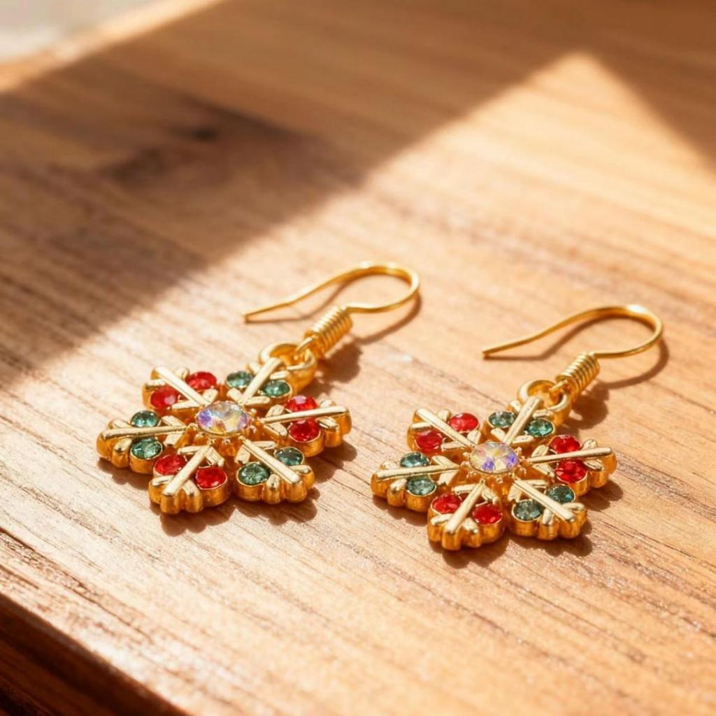 Boucles d'oreilles pendantes flocon de neige strass colorés 2025 - Design élégant à six pétales pour bijoux de Noël pour femmes