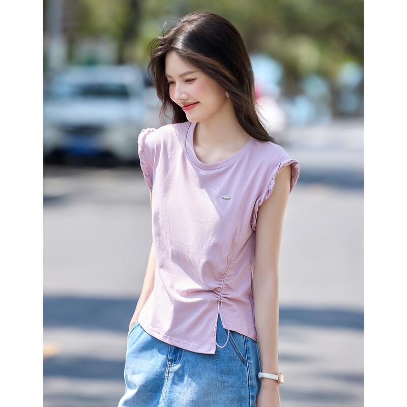 Shangjing Ruffle Cuff Pleated Round Neck T-Shirt M