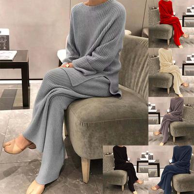 Women's Ribbed Knit Sweater and Wide Leg Pants Set In Multiple Colors (Gray, Red, Beige, Purple, Black, Navy)