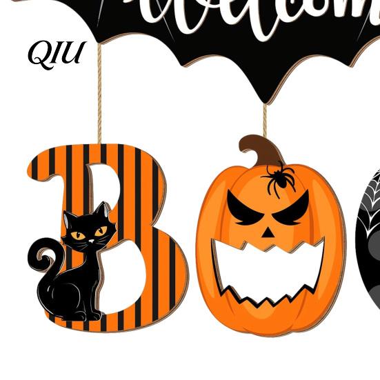 Indoor Outdoor Wall Decor Halloween BOO Door Sign, Spooky Bat Welcome Hanging Wooden Ghost Pumpkin Handmade Boxwood Sign Black Cat Hanger Ornaments