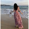 06 Spring/Summer Floral Print Elastic Shrinkle Vacation Dress Pink Skirt Suspender Beach Dress
