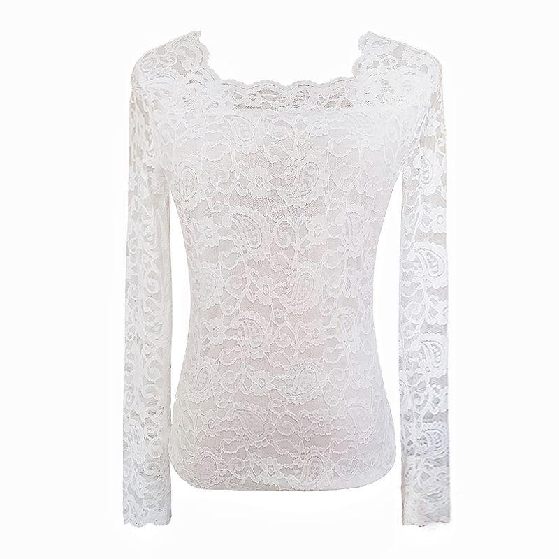 Lace Base Layer Women's Spring Autumn Beautiful Square Neck Inner Slim Fit Long Sleeve T-shirt Top