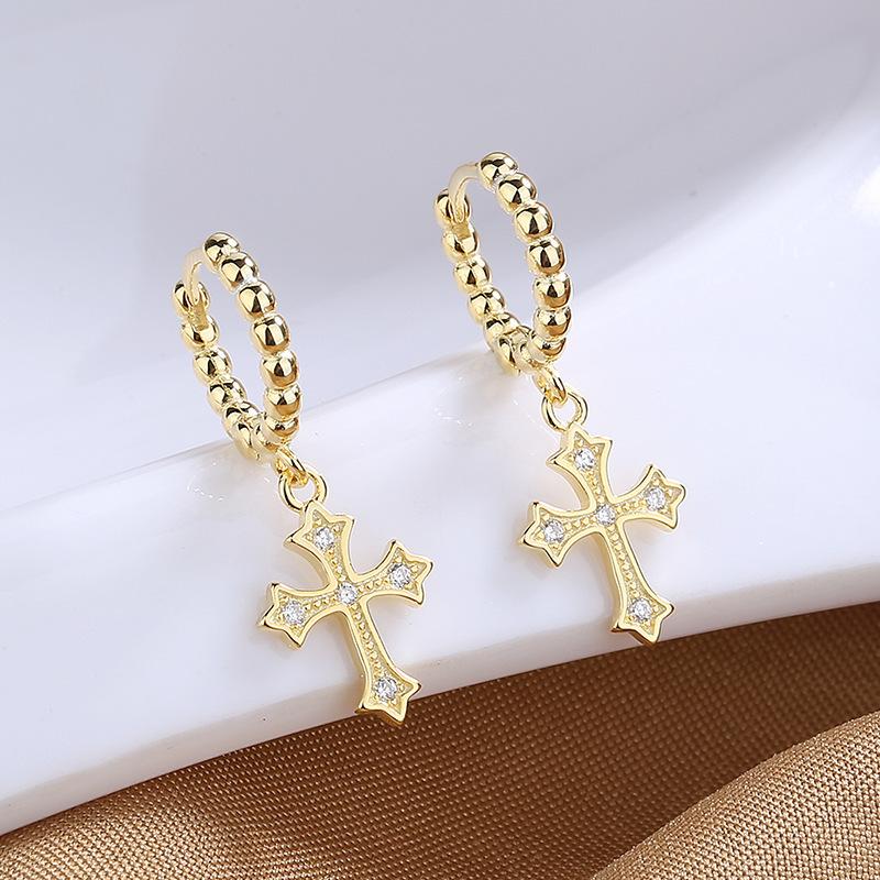 Earrings Femininity High-End Zircon Light Luxury Cross Star And Moon Asymmetric Ear Buckle Jewelry
