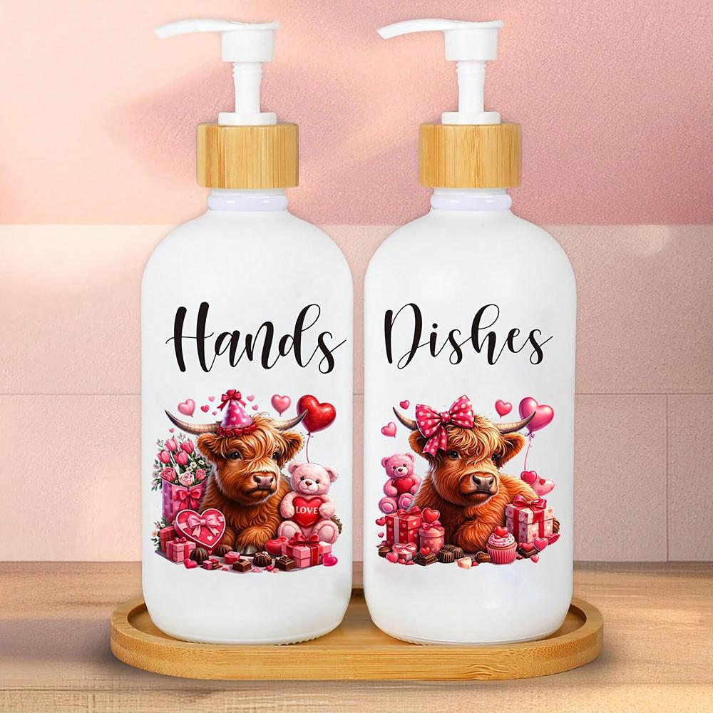 

2Pcs Valentine s Day Soap Dispenser with Tray Highland Cow Dishes and Hands Dispenser with Pump 16 Oz Refillable Liquid Soap