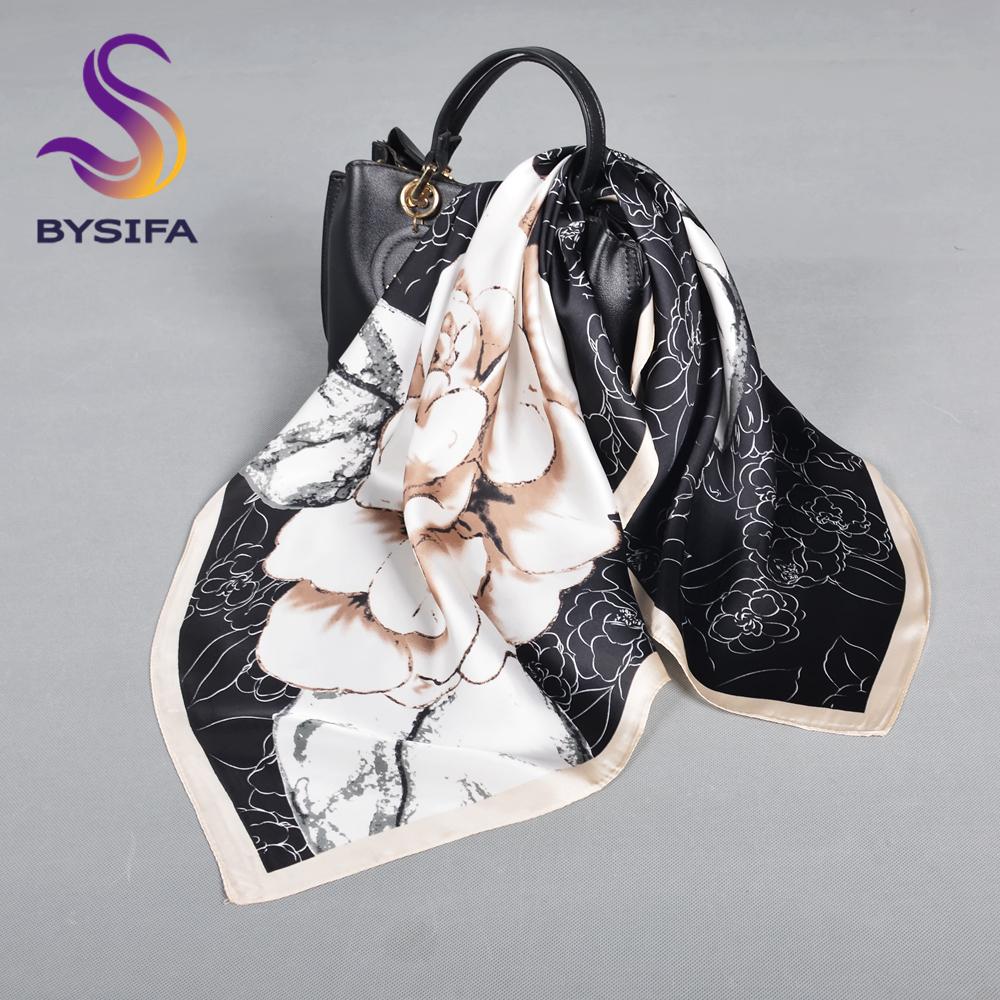 BYSIFA New Orange Coffee Silk Scarf Hijab Fashion Elegant Floral Square Scarves Foulard Spring Fall Lady Head Scarf Accessories