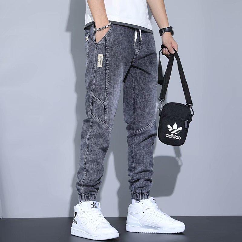 

Men s jeans summer new slim fit fashion trend washed retro splicing leggings Harlan pants 5XL серый