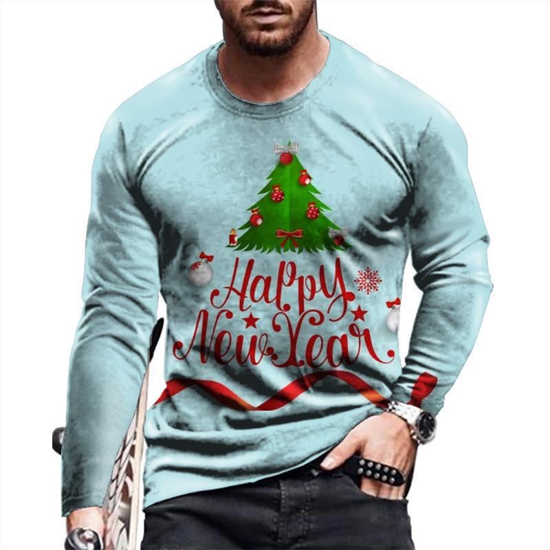 Round Neck 3D Christmas Pattern Top Casual Long Sleeved Men's T-shirts - Soft Medium Stretch Polyester Fabric Spring and Autumn Relaxed Fit Clothing