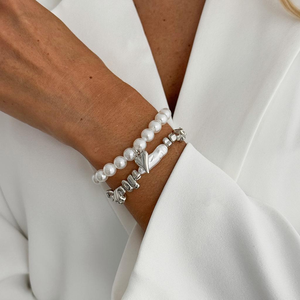 Baroque Special-Shaped Imitation Pearl Beaded Bracelet Fashion Gravel Flash Diamond Love Pendant Elastic Bracelet