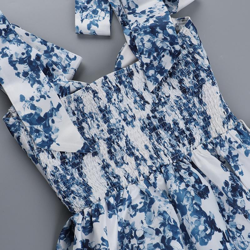 Vintage Blue Print Bow Lace-Up Sling Dress For Women High Waist Pleated A-Line Mini Dresses Summer New Vocation Lady Vestidos