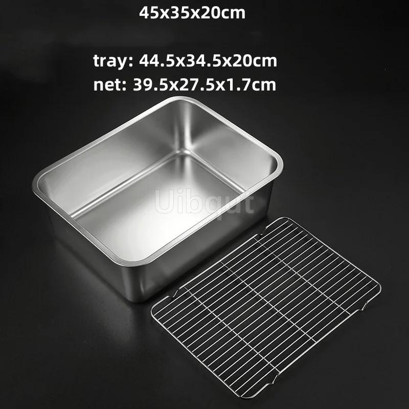 Deep Square Plate Basin with Rack Pallet Stainless Steel Bbq Fast Food Plate with Grid Mesh Dessert Dinner Set Restaurant Trays
