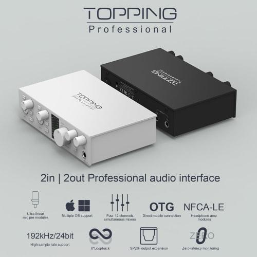 TOPPING E 2x2 OTG 2-in/2-out Audio Interface, Audio Mixer for Streaming, DTM, Mixing, Music Production, Singing, and More, AUX OTG, USB Type-C to Opti