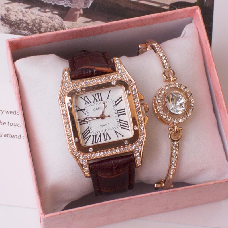 Elegant Roman Numeral Rhinestone Ladies Square Watch & Gift Set