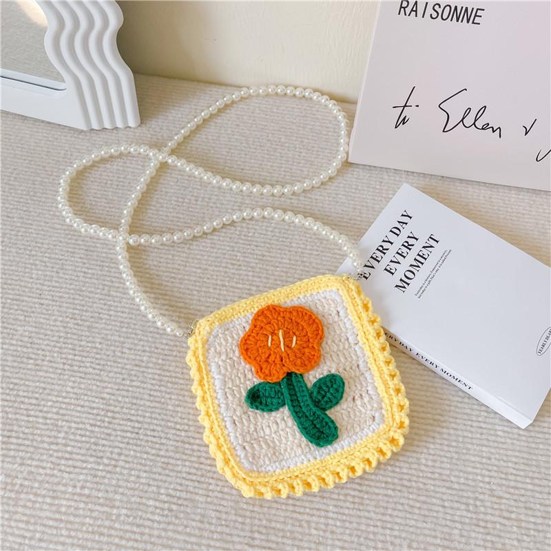 

Charming Kids Knitted Crochet Bag With Floral Pattern Mini Shoulder Purse For Toddlers YellowWhite
