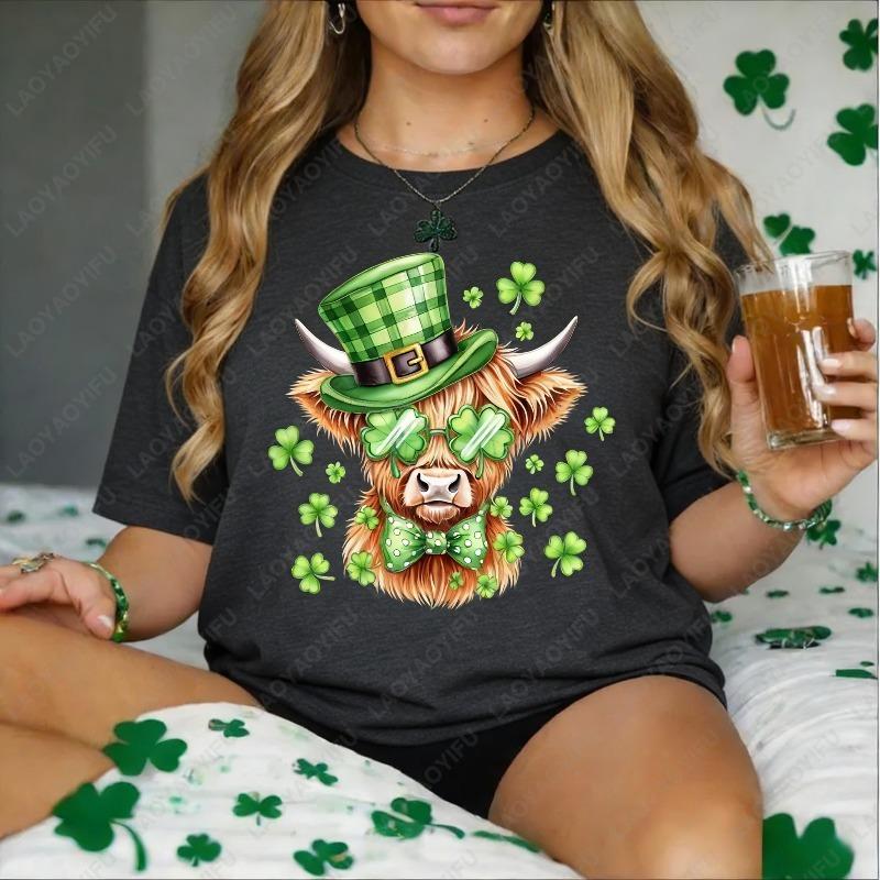 Hooglandkoe Sint-Patricksdag Katoenen Unisex Shirts Geluksklaver Zonnebril Ronde Hals Bedrukte Tops Ierse Feestjurk Ropa Mujer