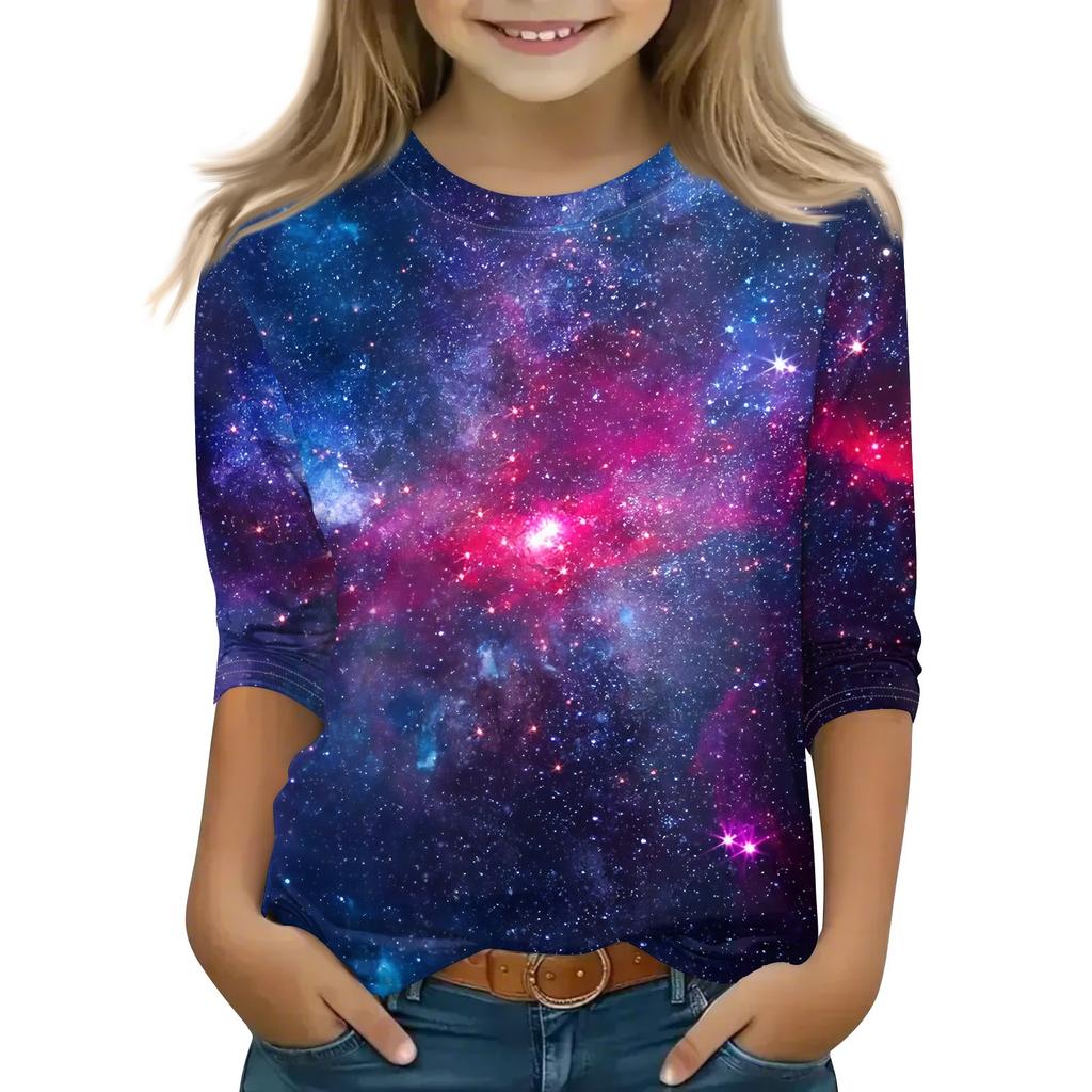 Bedruckte Oberteile für junge Mädchen von 5–16 Jahren, Rundhalsausschnitt, 3/4-Ärmel, T-Shirts, trendige Oberteile, Outfit-T-Shirts