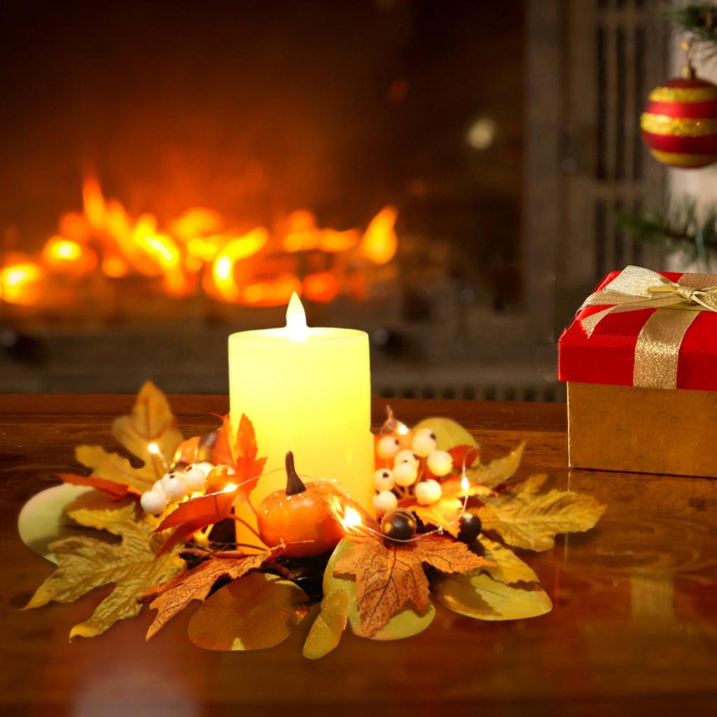 30cm Artificial Maple Leaves Candle Ring Candle Wreath Ring for Thanksgiving Centerpiece Table Decoration