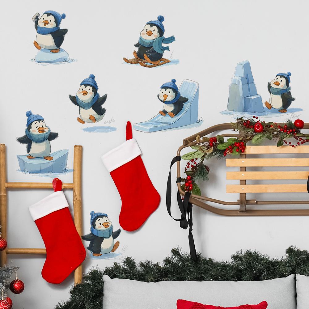 Cartoon Penguin Skating Christmas Atmosphere Home Wall Beautification and Decoration Stickers