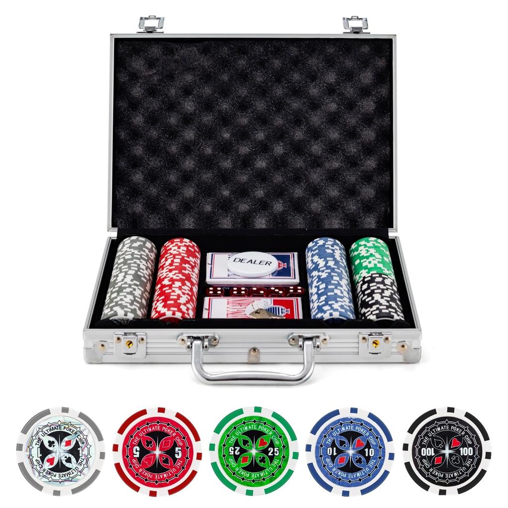 Goplus 200 Numbered Poker Casino Chip Set with Playing and Dice Chips, Cards, Dealer, (Silver Case)