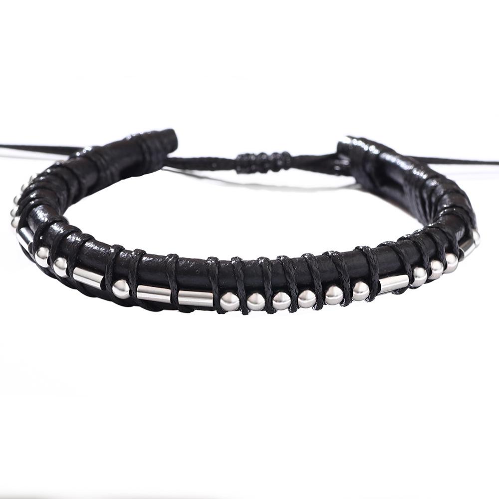 Men's Trendy Cowhide & Morse Code Bracelet with Stainless Steel Beads