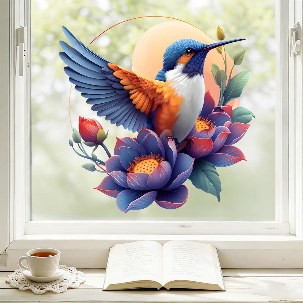 Kingfisher Lotus Pond Static Cling Window Sticker Removable Reusable for Bedroom Living Room Kitchen Glass Home Decor Art