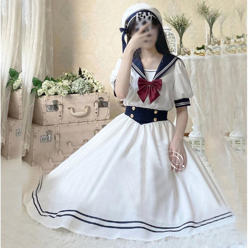 Woman Lolita Dresses Navy Sailor Dress Sailor Collar Puff Sleeve