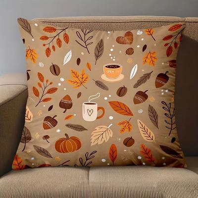 Brown Pumpkin Pillow Covers Fall Leaf Print Soft Polyester Thanksgiving Decor Home Accent Gift