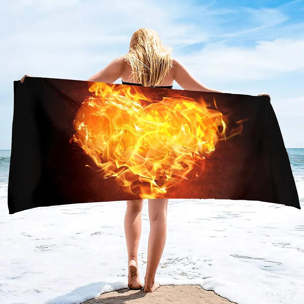 Valentines' Day Beach Towel,Microfiber Pink Fire Bath Towel Oversized,Water Absorbent Towels for Bathroom,Love Heart Bath Towels