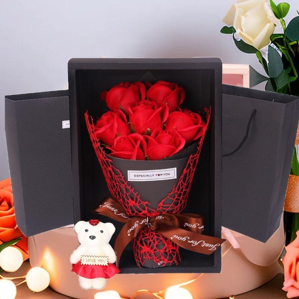 With Bear Doll 7 Rose Soap Bouquet Packing Box Artificial Flowers Rose Bouquet Gift Box Ribbon Bow Simulated Rose Bundle