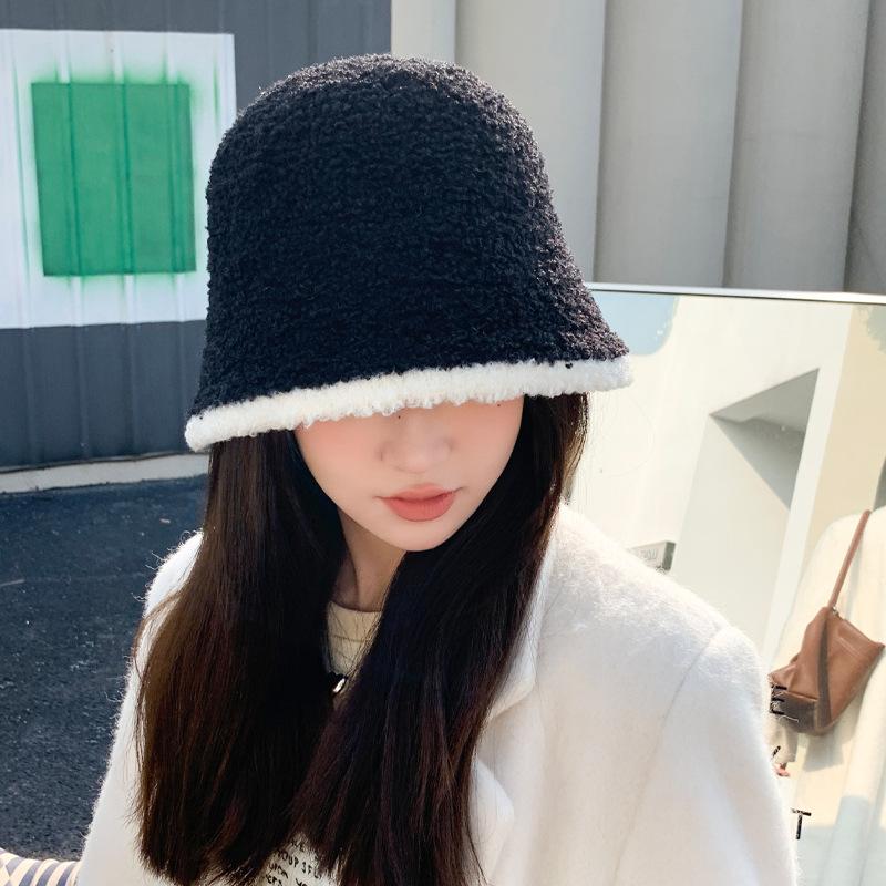 Autumn and Winter Hat Women's Imitation Lamb Plush Color Matching Bucket Hat Winter Warm Bucket Hat Fashion Basin Hat