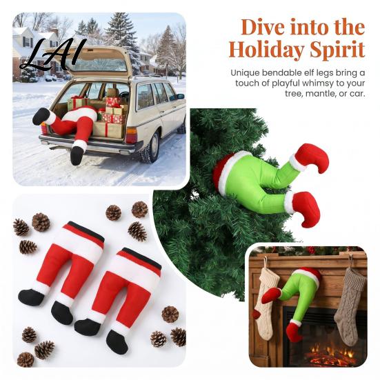 Playful Holiday Scene Setting Christmas Elf Stuffed Leg Ornaments Santa Green/Red Legs Decorations Poseable Indoor Fireplace Ornament for Xmas Tree