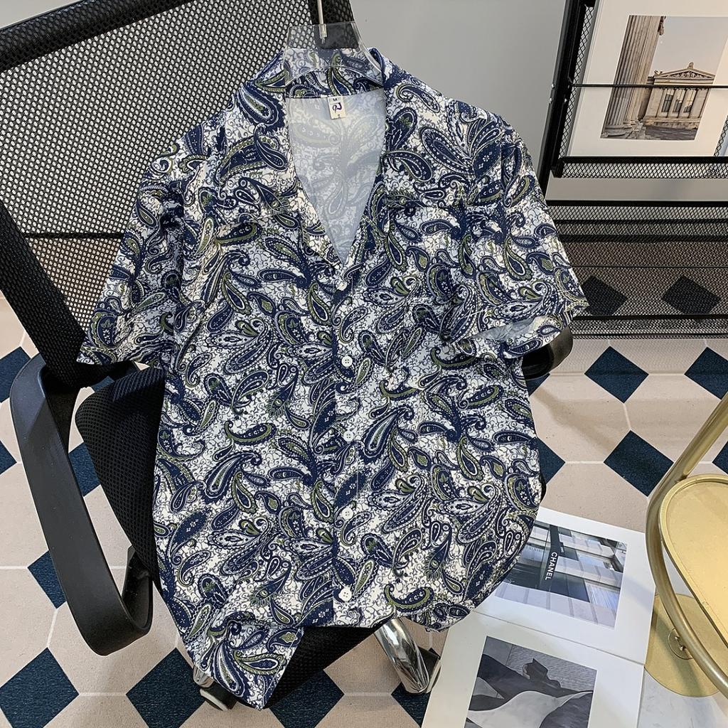 Summer Island Vacation Style Ice Silk Short Sleeve Printed Shirt Men's Hawaiian Cuban Collar Shirt Boys Cool Feeling Fashion Tops