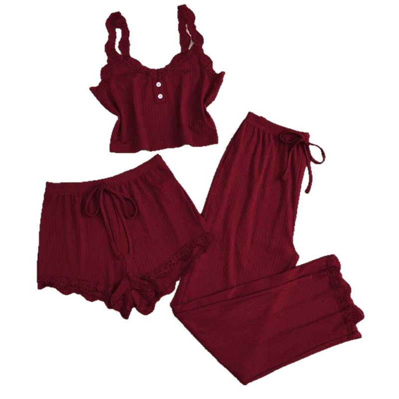 European and American new lace lace sling vest long shorts pajamas women's outer wear slim-fit explosive three-piece set