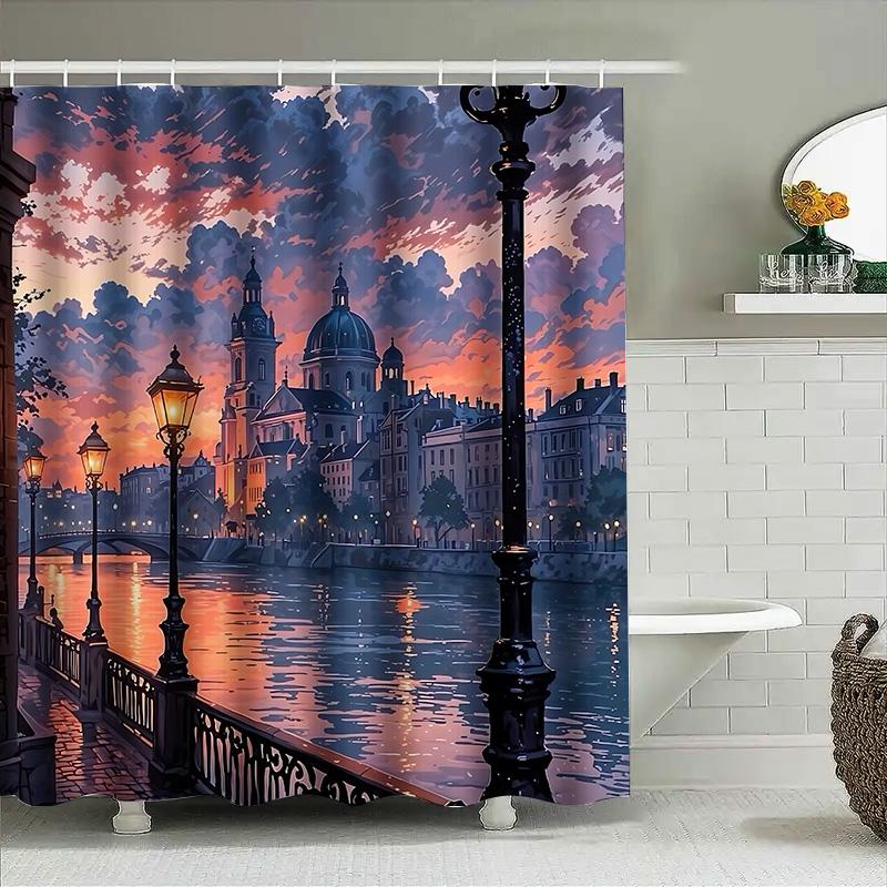 City Sunset Riverfront Shower Curtain European Architecture Street Lamp Scenery Bathroom Decor Waterproof Polyester Fabric