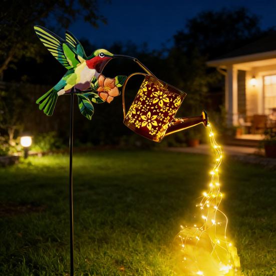 Solar Watering Can Garden Light Metal Hollow-Out Hummingbird Decorative Light Outdoor Spike Lamp for Lawn Pathway