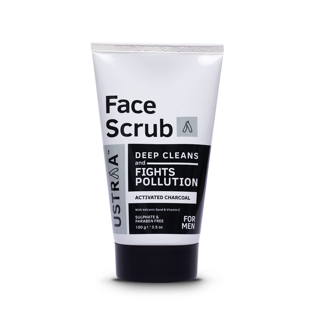 

Ustraa Face Scrub for Men - 100g - with Activated charcoal, Tahitian Volcanic Sand & Walnut Granules - Great for Exfoliating skin & facial detox,