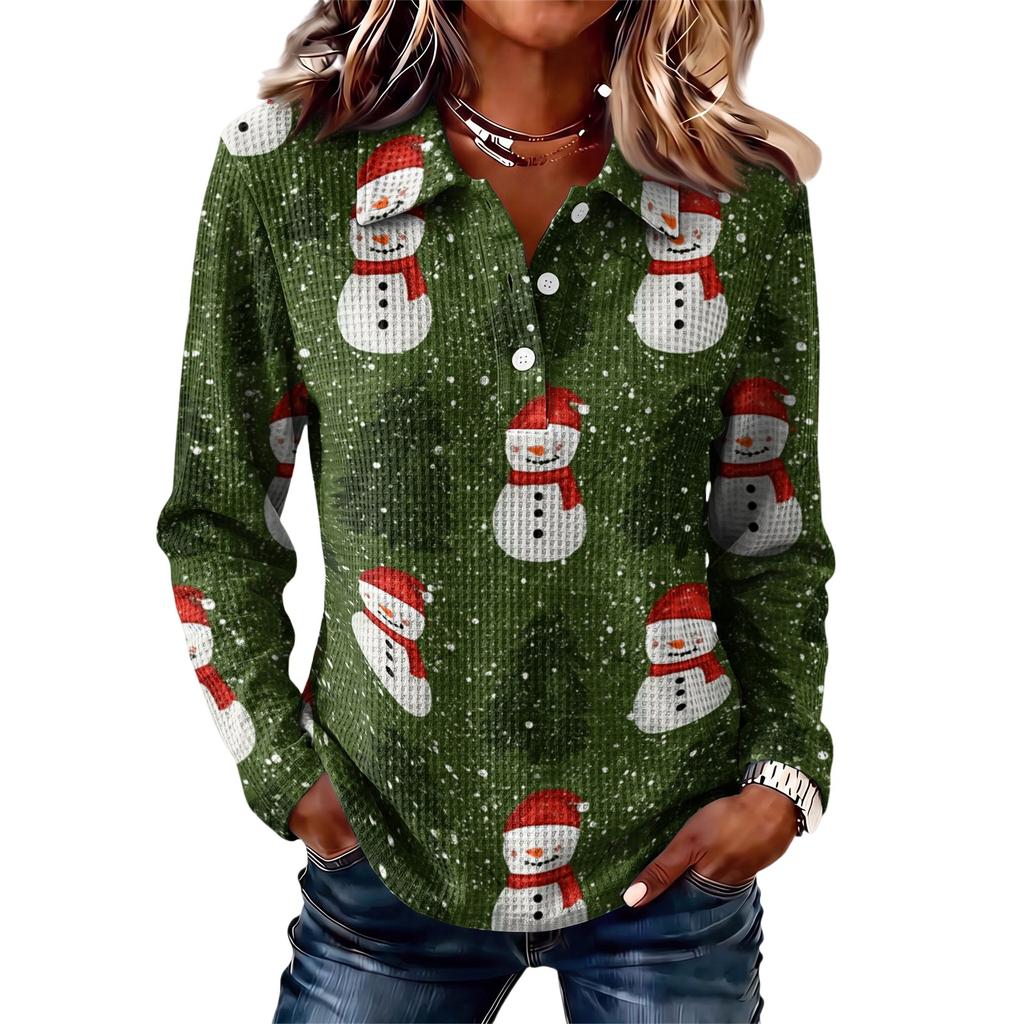 Women's Fashion Casual Button Front Long Sleeve Christmas Top with Collar