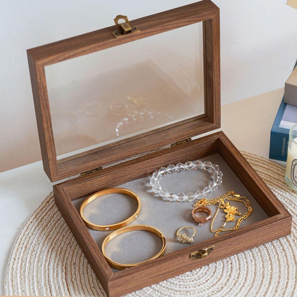 Glass Lid Jewelry Organizer Velvet Ring Display Holder Retro Wood Jewelry Box  Store