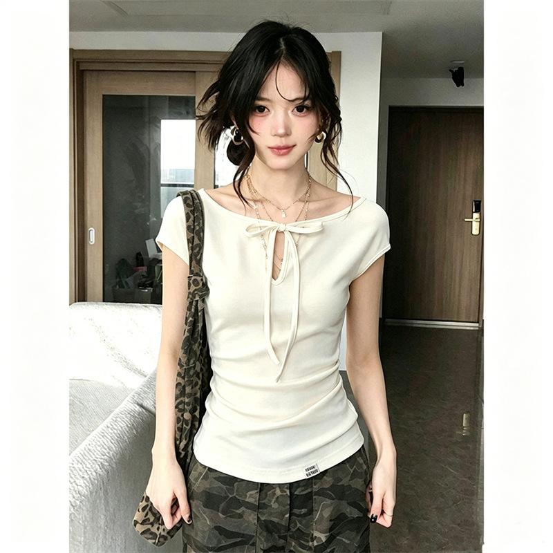 Sweet Spice Girl Lace-up U-Neck Front Shoulder Short Sleeve T-Shirt Women's Summer Thin Slightly Transparent Slim Skinny Temperament Small Top