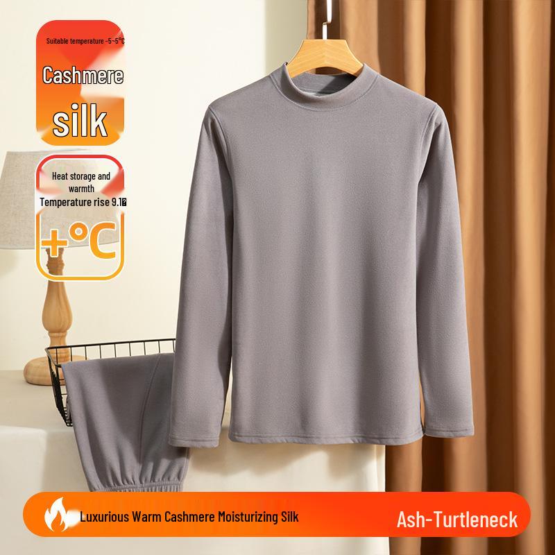 Men's Cashmere Fleece-Lined Thermal Underwear Set - Half High Neck, Warm Autumn Clothes & Pants