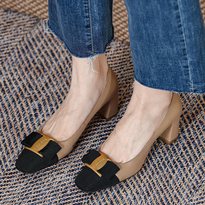 Katya Xiaoxiangfeng Square Head Metal Buckle Color Matching Single Shoes Bow Temperament High Heels Thick Heel Professional