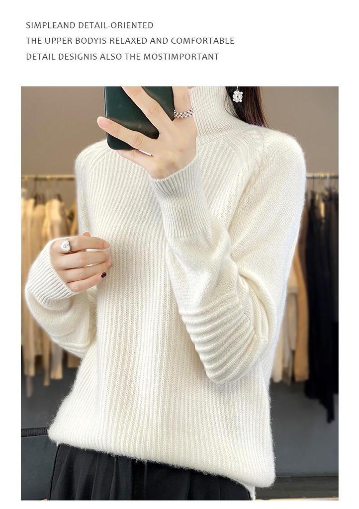 Women's High Neck Loose Pure Wool Sweater - Warm, Thickened Knit Pullover